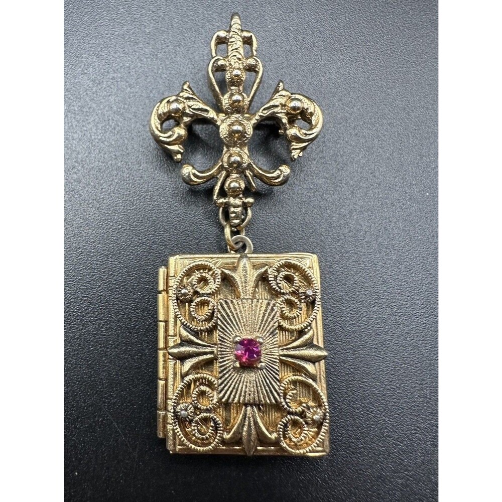 Fleur D’ Lis Vintage Ornate Double Picture Locket Pin
